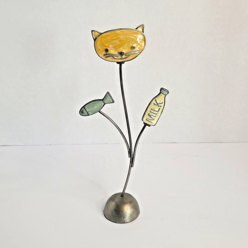 Whimsical Metal Cat Note or Photo Holder – 7" Tall – Fish & “Milk” Design